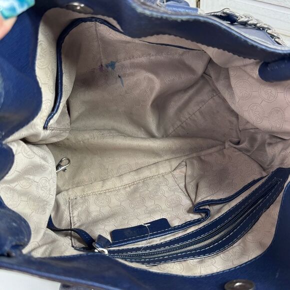 Michael Kors Saffiano Leather Chainlink Hamilton Tote Bag Navy Blue Silver - Picture 7 of 13